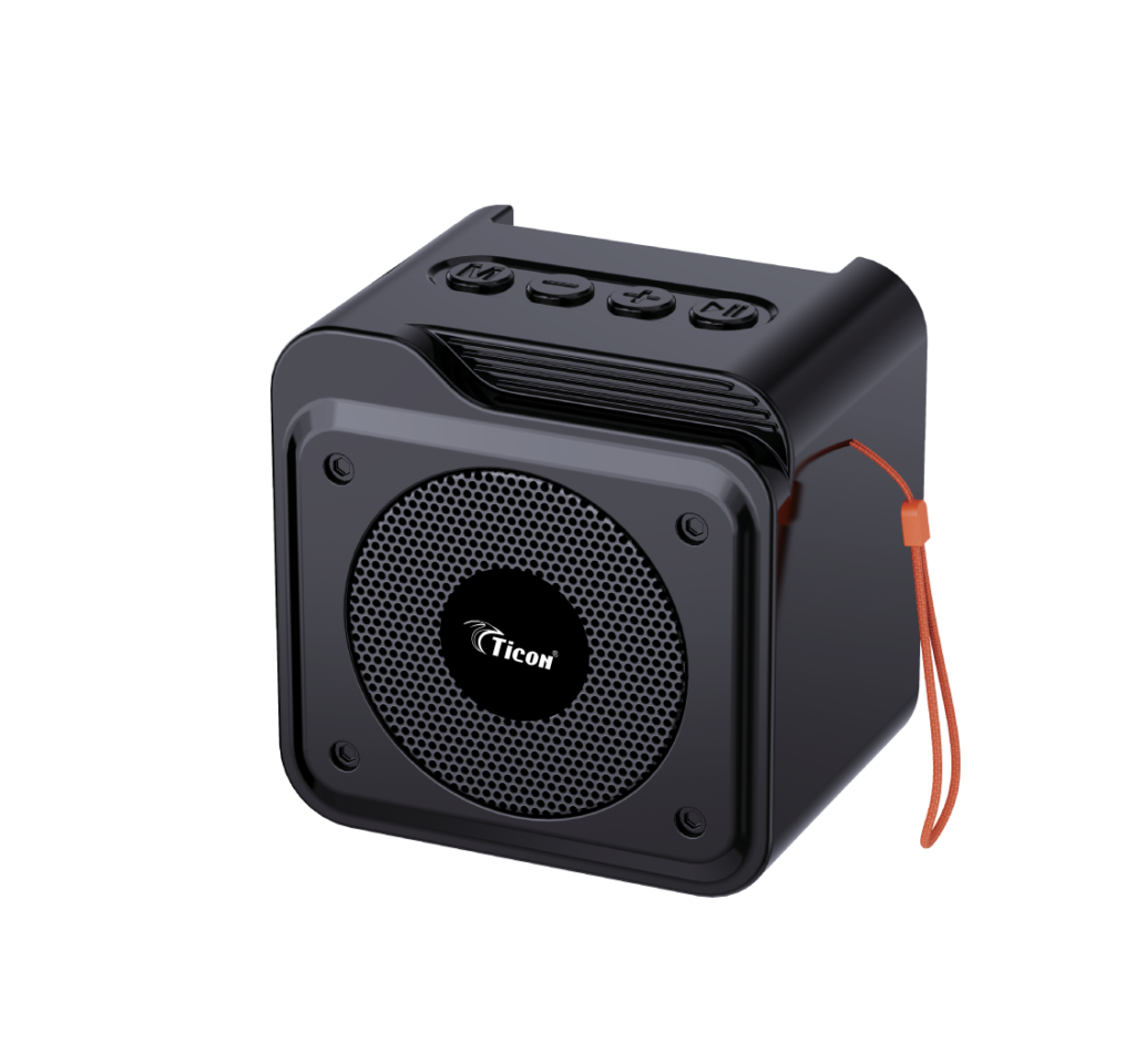 TICON BT-102 Pro Black wireless Bluetooth speaker with compact design, carry strap and top controls