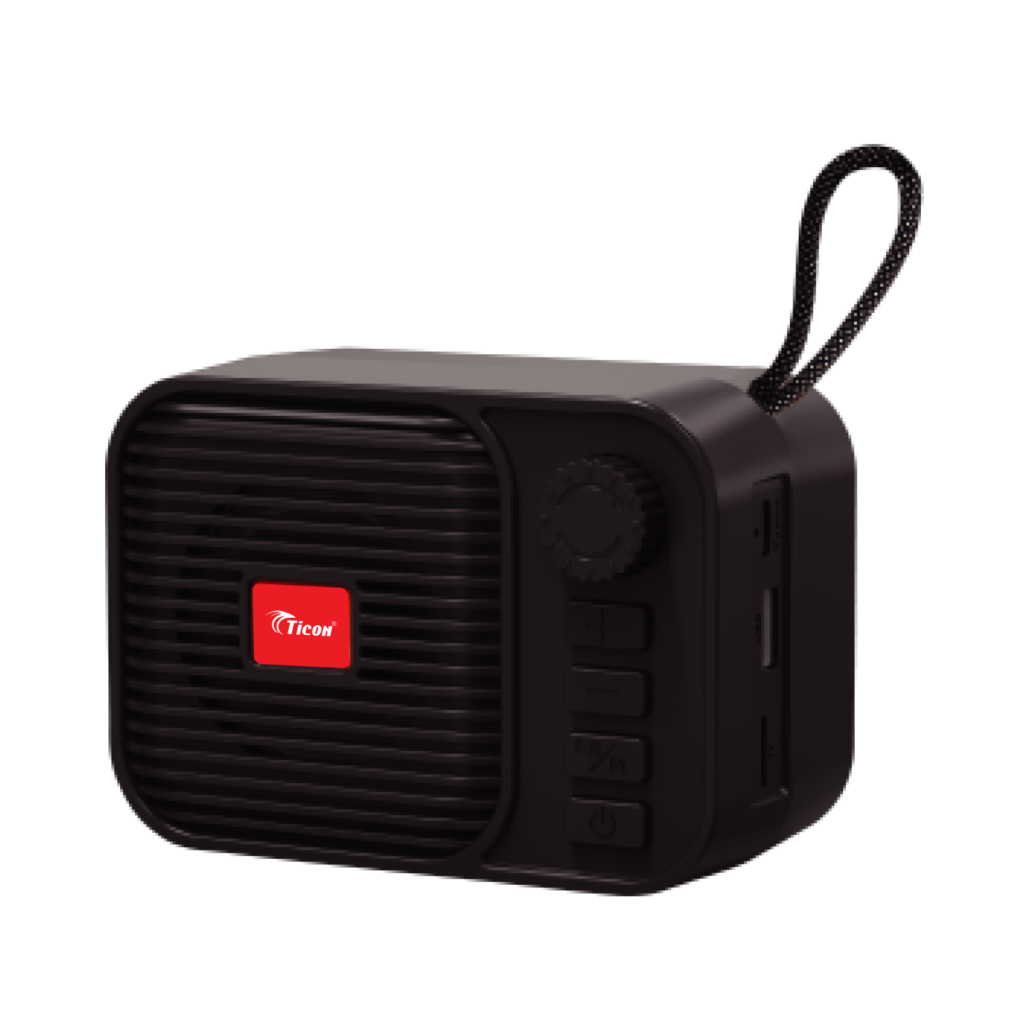 TICON BT-134 Black wireless Bluetooth speaker with portable design, carry strap and easy controls