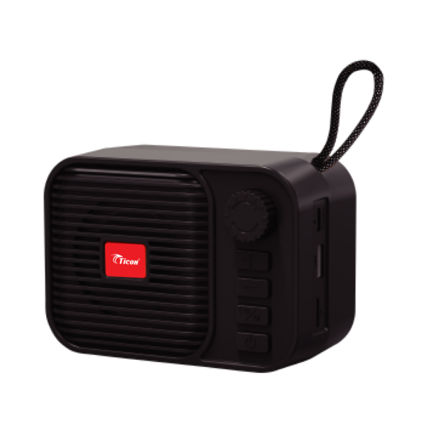 TICON BT-134 Black wireless Bluetooth speaker with portable design, carry strap and easy controls