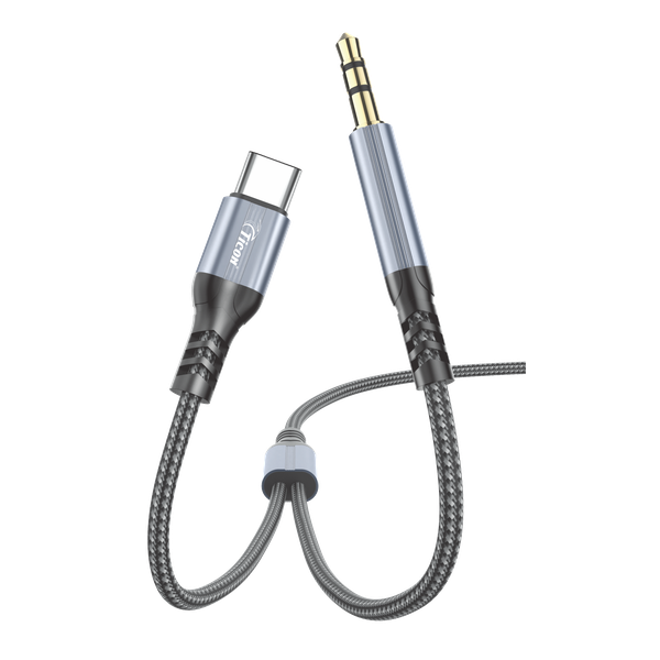 TICON 2-in-1 AUX cable with Type-C connector, 3.5mm audio plug and braided grey cable