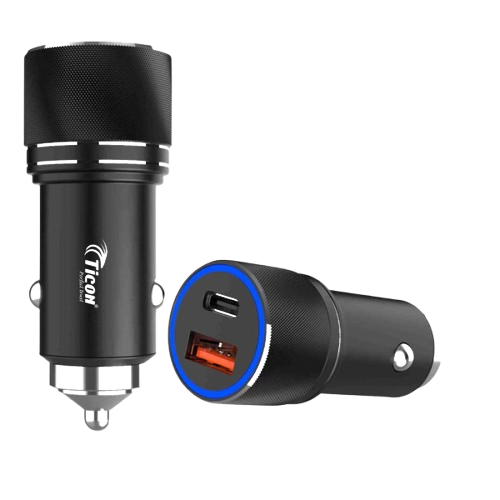 TICON ALL IN 1 black 100W dual port car charger with blue accent ring
