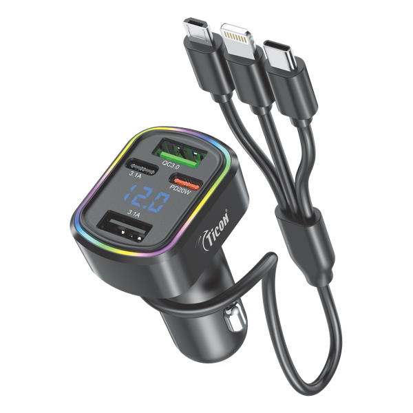 TICON CC-115 black digital display car charger with integrated 3-in-1 cable