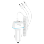 TICON CC-116 white car charger with integrated 3-in-1 coiled cable