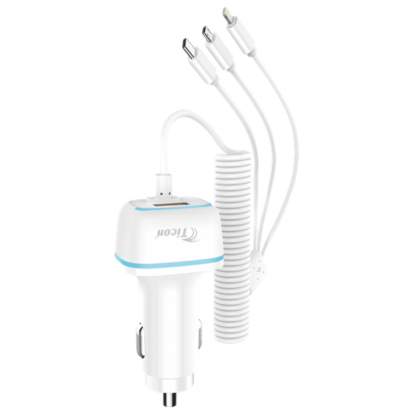 TICON CC-116 white car charger with integrated 3-in-1 coiled cable