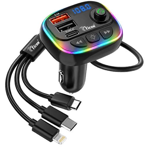 TICON CC-118 black 60W car charger with rainbow LED lighting and 3-in-1 cable