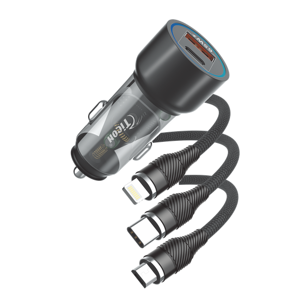 TICON CC-140 car charger with transparent body and 3-in-1 braided cable