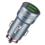 TICON CC-55 metallic grey dual USB car charger with green port accents