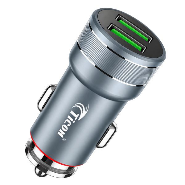 TICON CC-55 metallic grey dual USB car charger with green port accents