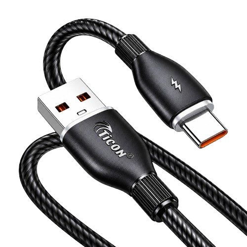 TICON CL-36 black silicone mobile charging cable with USB-A to Type-C connectors