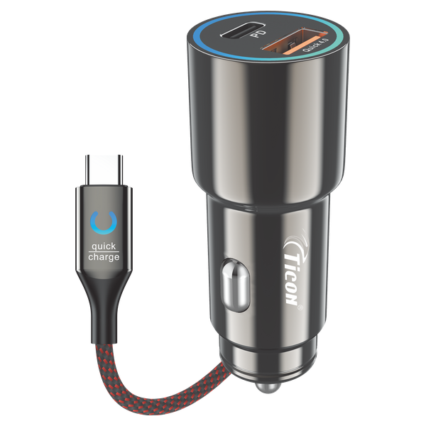 TICON ZINC PRO 60W metallic black car charger with braided Type-C cable