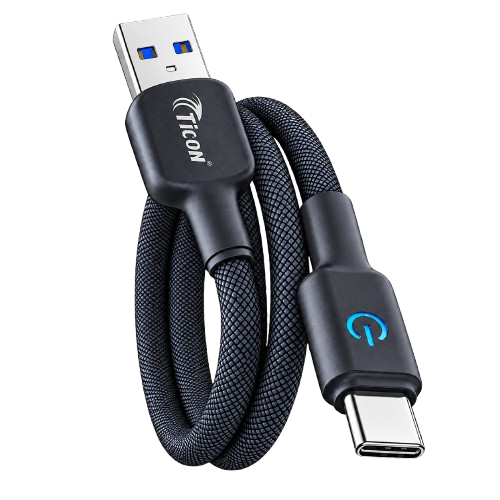 TICON CL-44 black braided LED mobile charging cable with USB-A and Type-C connector